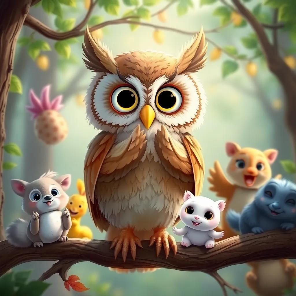 An owl with bright eyes clapping on a branch, surrounded by woodland creatures, all excited for the festival, digital painting, whimsical, high detail