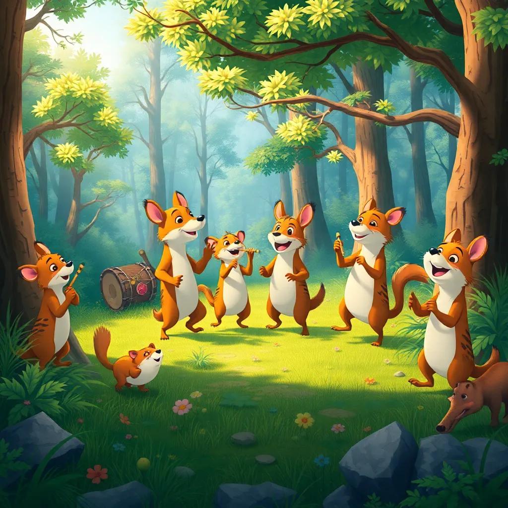 A lively clearing in the forest where animals are dancing and playing music with drums and flutes, a festive atmosphere filled with laughter, colorful, joyful, illustration