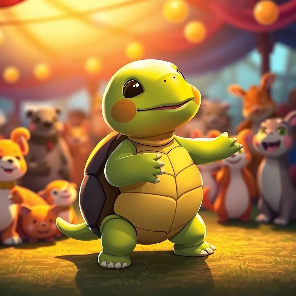 A gentle turtle swaying to the music, enjoying the festival despite her slow pace, surrounded by happy animals, warm light, heartwarming scene, adorable illustration