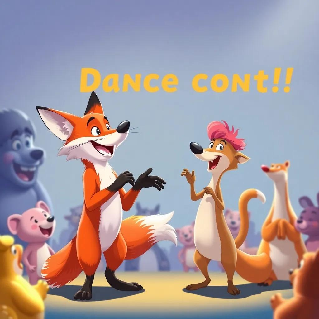 A clever fox proposing a dance contest, animals laughing and getting ready, excitement in the air, vibrant colors, fun and playful, illustration