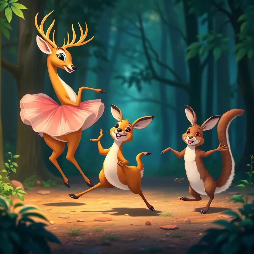 Elegant deer twirling gracefully, a hare hopping happily, and a weasel showing off its moves, a joyful celebration in the woods, dynamic scene, colorful artwork