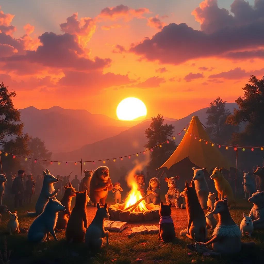 The sunset over the festival, with a gentle breeze igniting a bright bonfire, animals gathered around sharing stories and songs, enchanting, warm glow, beautiful scenery