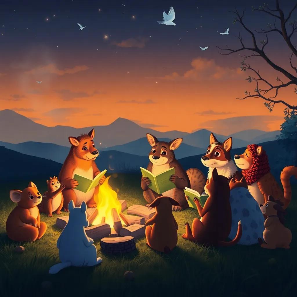 Animals gathered around the bonfire, recounting stories and singing together as the night falls, the wind blowing softly, magical atmosphere, heartwarming