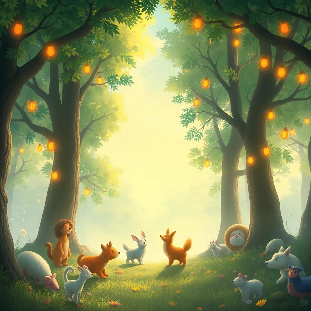 The wind carrying a magical melody through the trees, creating unforgettable memories for all animals involved in the festival, dreamy art style, serene beauty