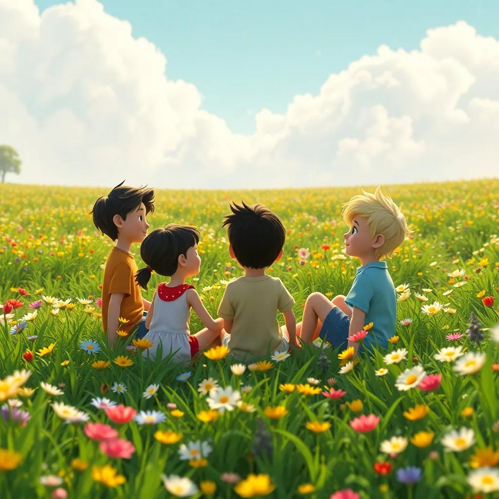Un grupo de niños riendo en un campo de flores, sentados en un círculo, mientras el viento cuenta historias, digital art, colores alegres, cálido, perspectiva amplia, atmósfera de amistad