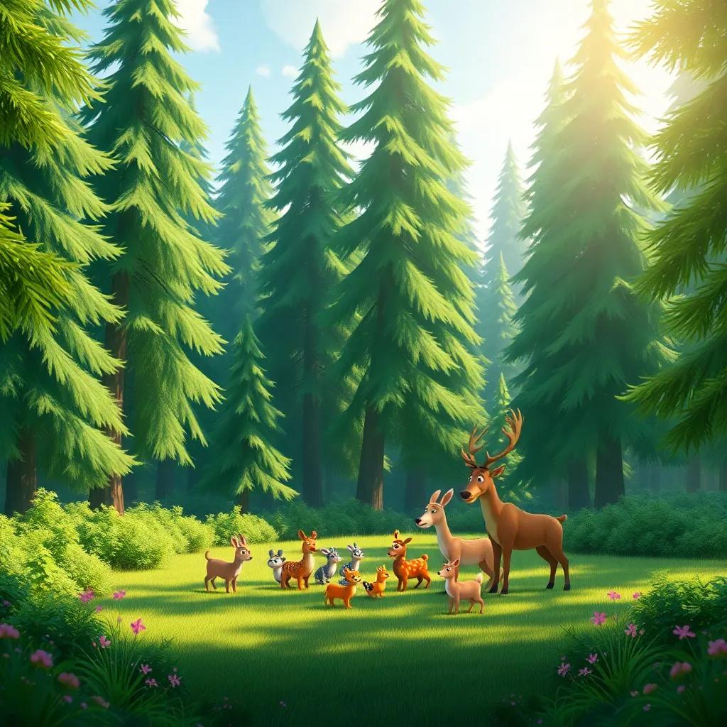A beautiful green forest, tall trees with sunlight shining through, happy animals gathering in a clearing, joyful and colorful atmosphere, digital art, warm colors, bright and inviting