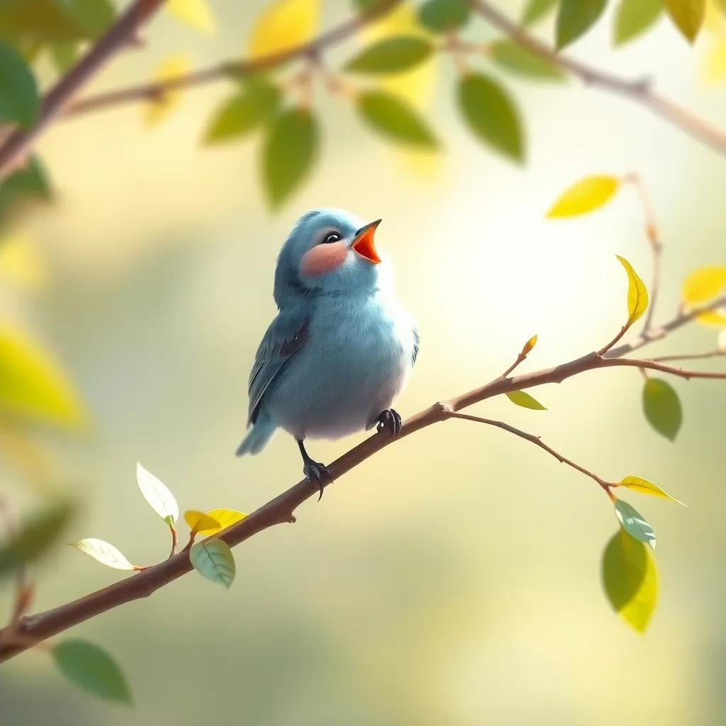 A small blue bird sitting on a high branch, singing sweetly, surrounded by fluttering leaves, soft light, cheerful scene, vibrant colors, playful focus, high quality