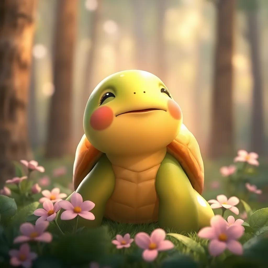 A shiny turtle with a bright shell, singing softly in the forest, a calm expression, with flowers around it, gentle light, peaceful ambiance, detailed illustration, heartwarming quality