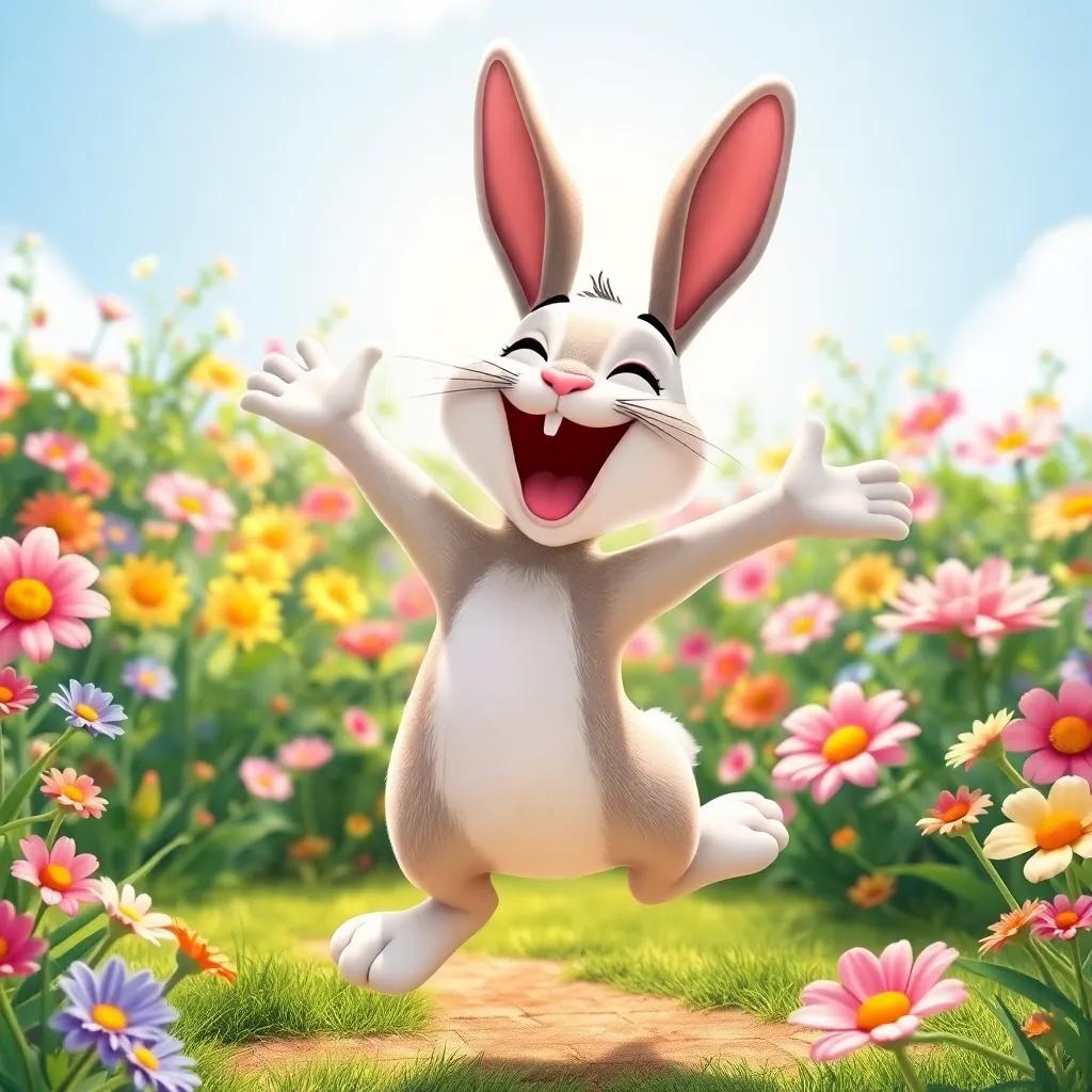 A lively rabbit jumping around, singing energetically with a big smile, surrounded by colorful flowers and greenery, bright sunshine, fun and playful mood, lively colors, child-friendly