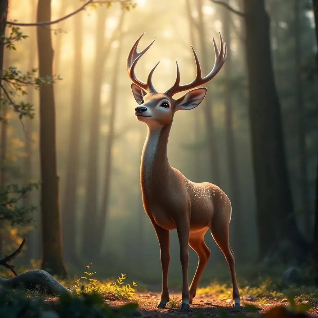 A majestic deer standing proudly, singing deeply in the forest, with a captivating presence and gentle gaze, warm light, magical aura, inviting atmosphere, rich details