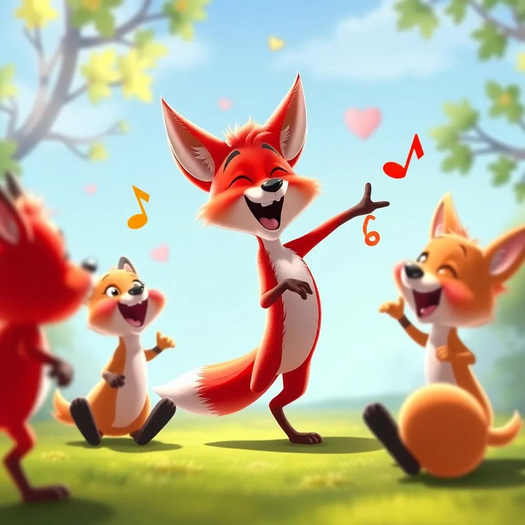 A clever red fox singing mischievously, dancing and playing, with friends around, bright colors, animated and cheerful tone, dynamic perspective, joyful scene