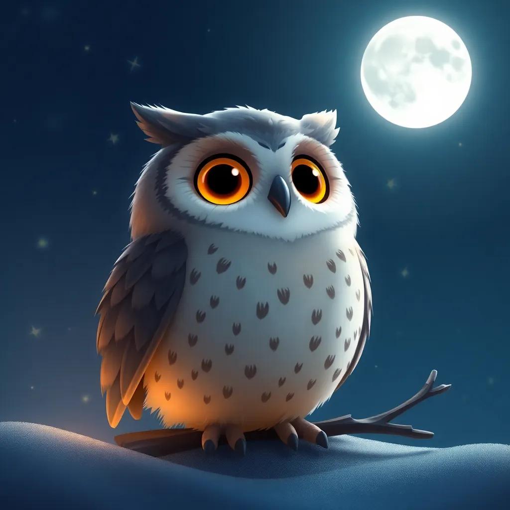 An owl with wise eyes singing calmly at night, softly illuminated by the moonlight, surrounded by sparkling stars, tranquil scene, gentle colors, serene atmosphere
