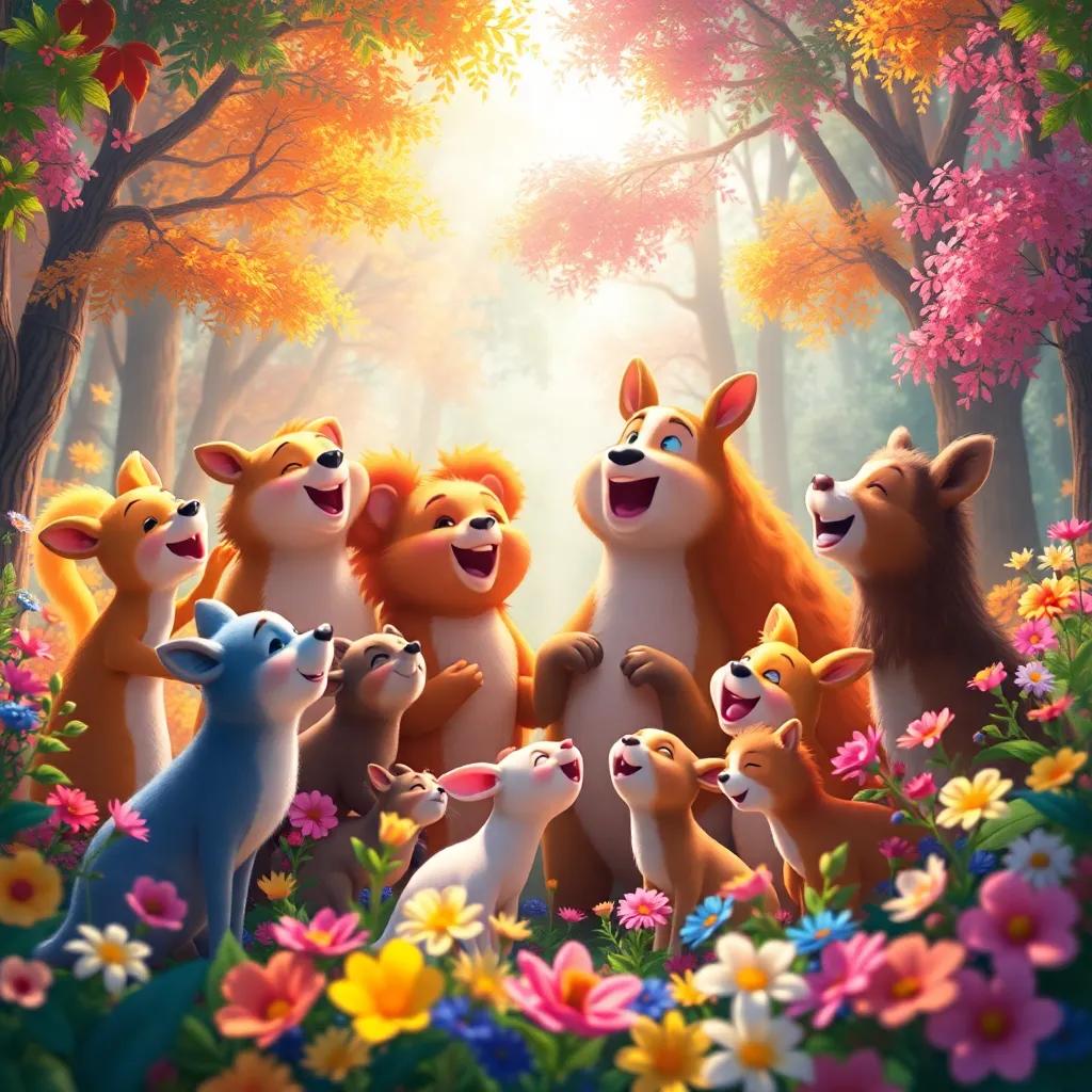 All the animals together in harmony, singing with joy in a radiant forest, surrounded by colorful flowers and trees, magical light, uplifting mood, enchanting scenery, vibrant and detailed