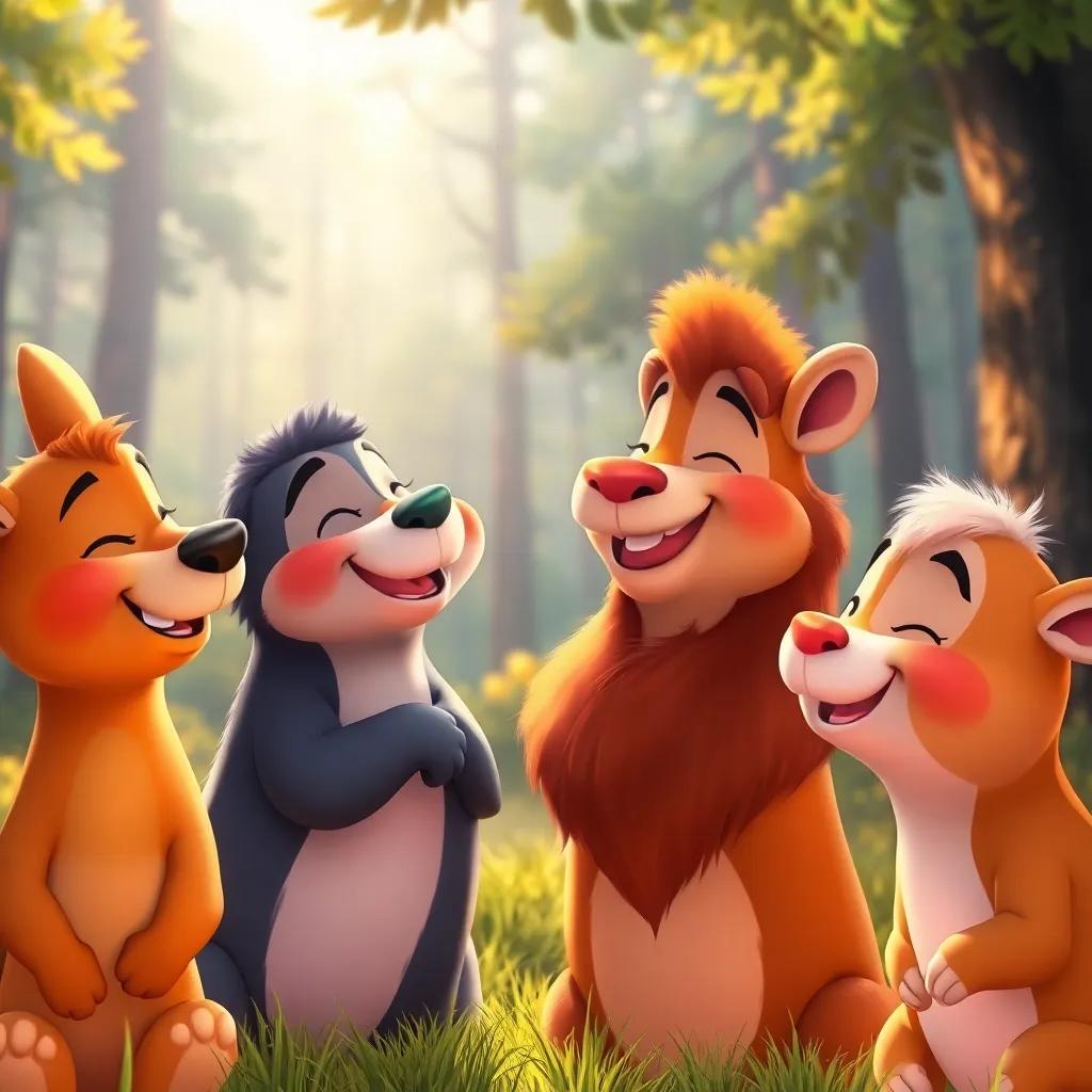 Animals smiling at each other, remembering their magical song, peaceful forest in the background, warm light, joyful expressions, heartwarming and inviting, beautiful illustration