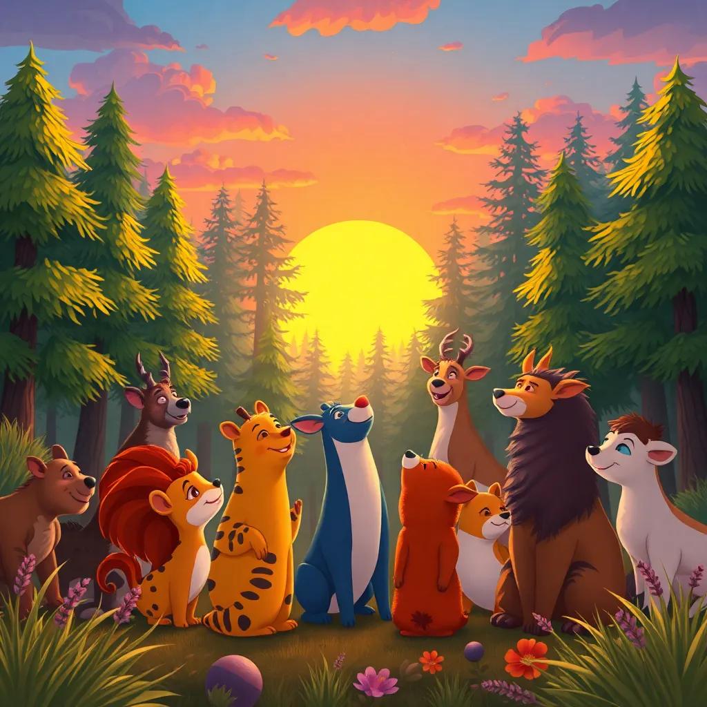 The sun setting in the forest, animals gathering again to sing together, vibrant colors, a sense of community and happiness, calm atmosphere, detailed art, charming and friendly