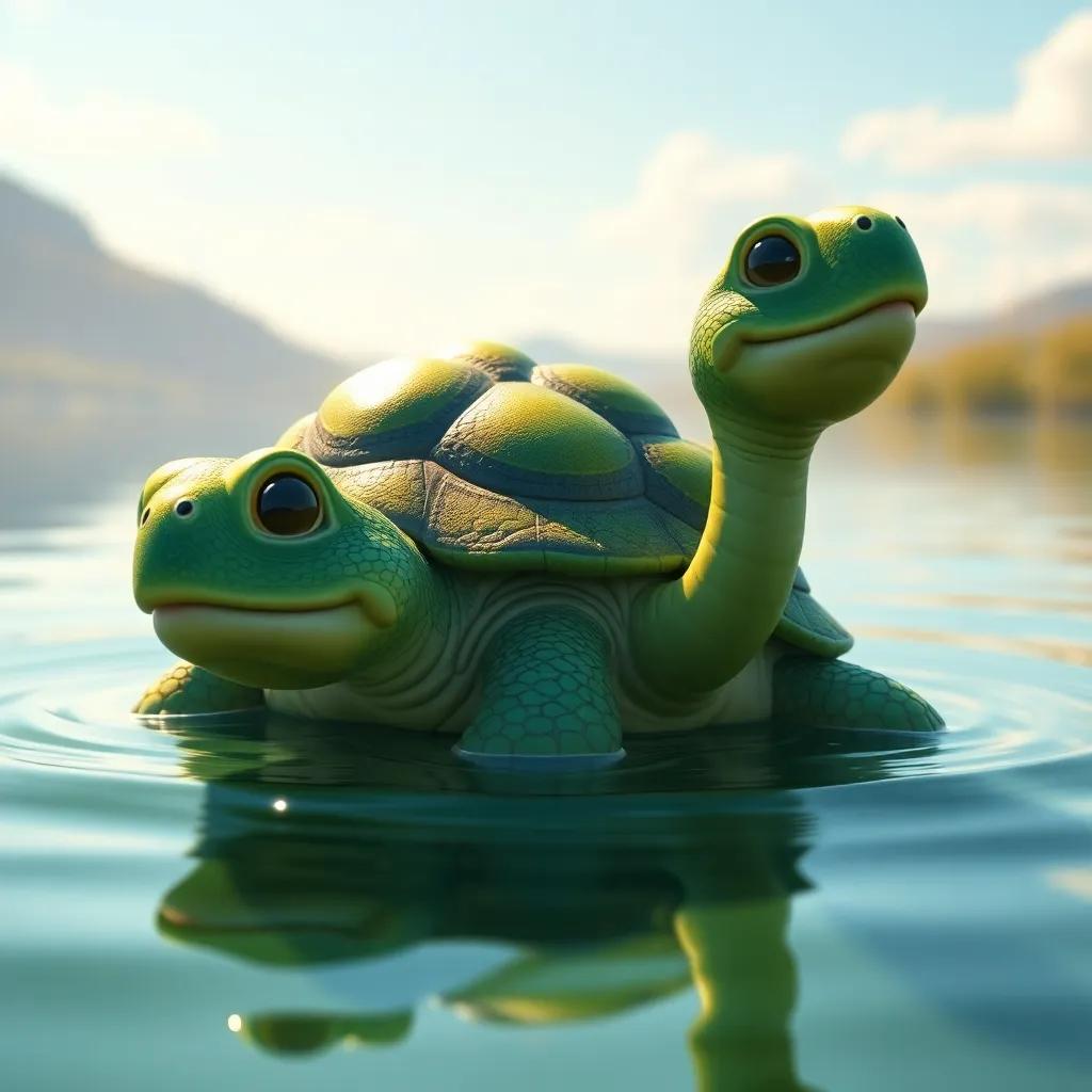 A tortuga lenta, Tito, con caparazón verde brillante, en un lago soleado, sonriendo y desafiando al viento, digital art, cheerful colors, warm light, happy perspective, high quality