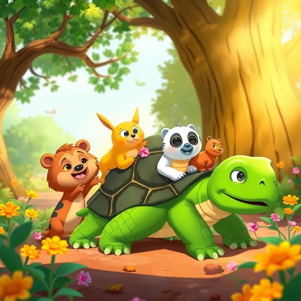 Animales riéndose de Tito la tortuga, en el bosque con árboles y flores, digital illustration, vibrant, humorous scene, daylight