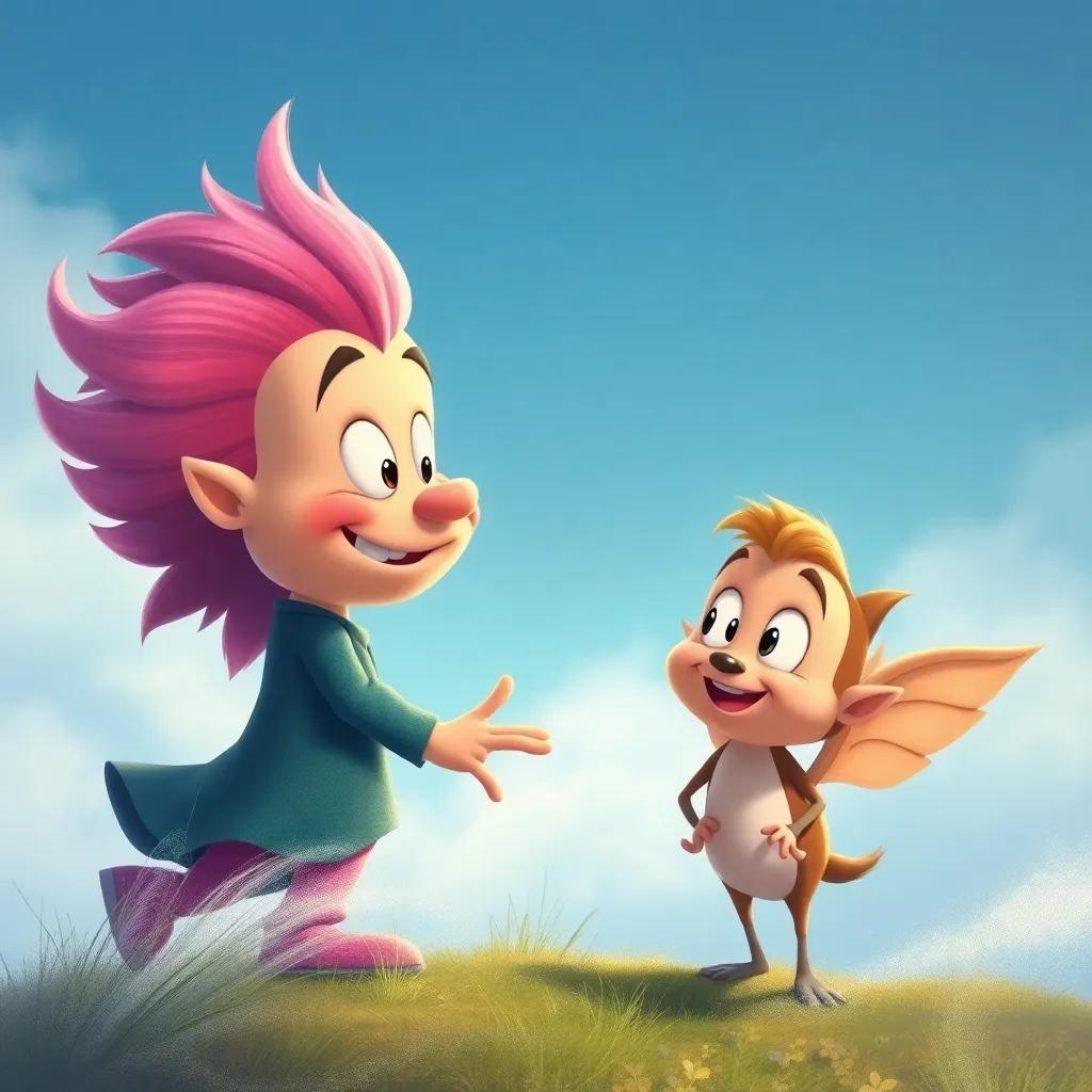 El viento, representado como un ser alegre con cara amable, mirando sorprendido a Tito mientras corre, detailed digital art, soft pastel colors, whimsical