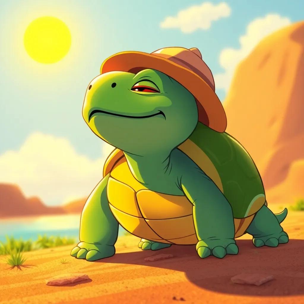 Tito la tortuga, cerrando los ojos y disfrutando del sol brillante mientras avanza lentamente, con una sonrisa, illustration, sunny atmosphere, uplifting