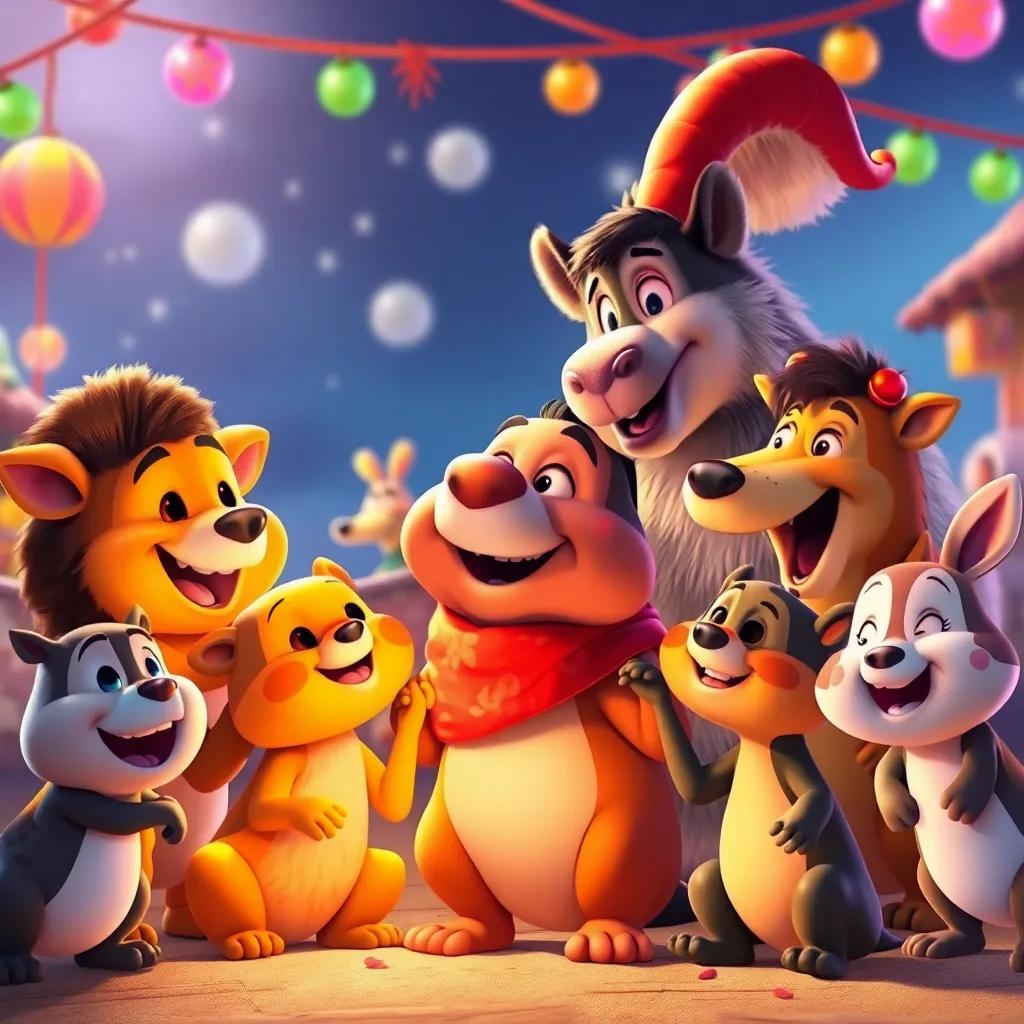 Animales animando y vitoreando a Tito, mostrando emoción y esperanza en sus caras mientras cruza la meta, colorful art, festive, heartwarming scene