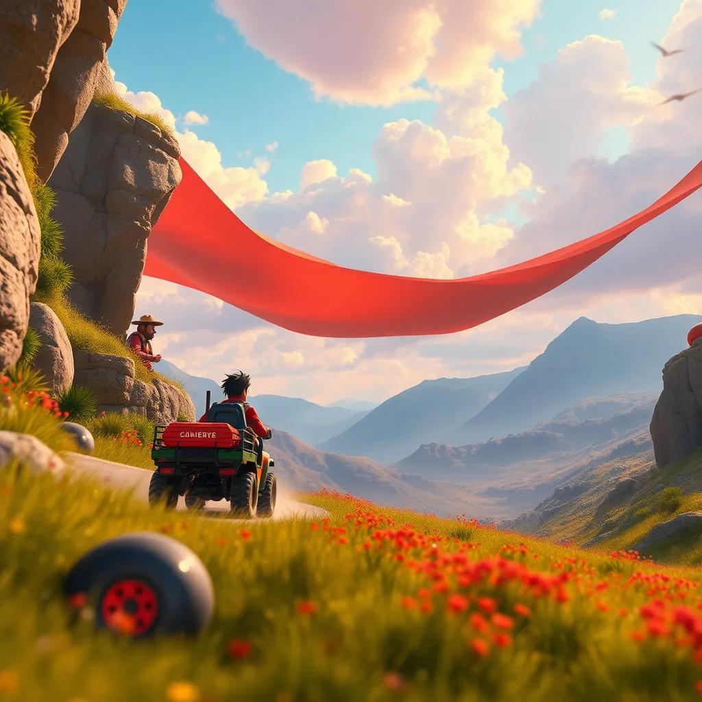 Una vista general de la carrera entre Tito y el viento, donde los amigos de Tito lo apoyan desde la orilla, colorful scenery, dynamic perspective, engaging