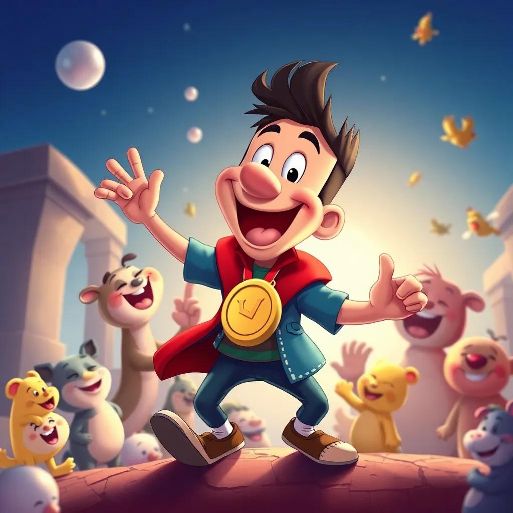 Tito cruzando la meta con una gran sonrisa y una medalla, rodeado de animalitos alegrando, illustration, joyful, delightful
