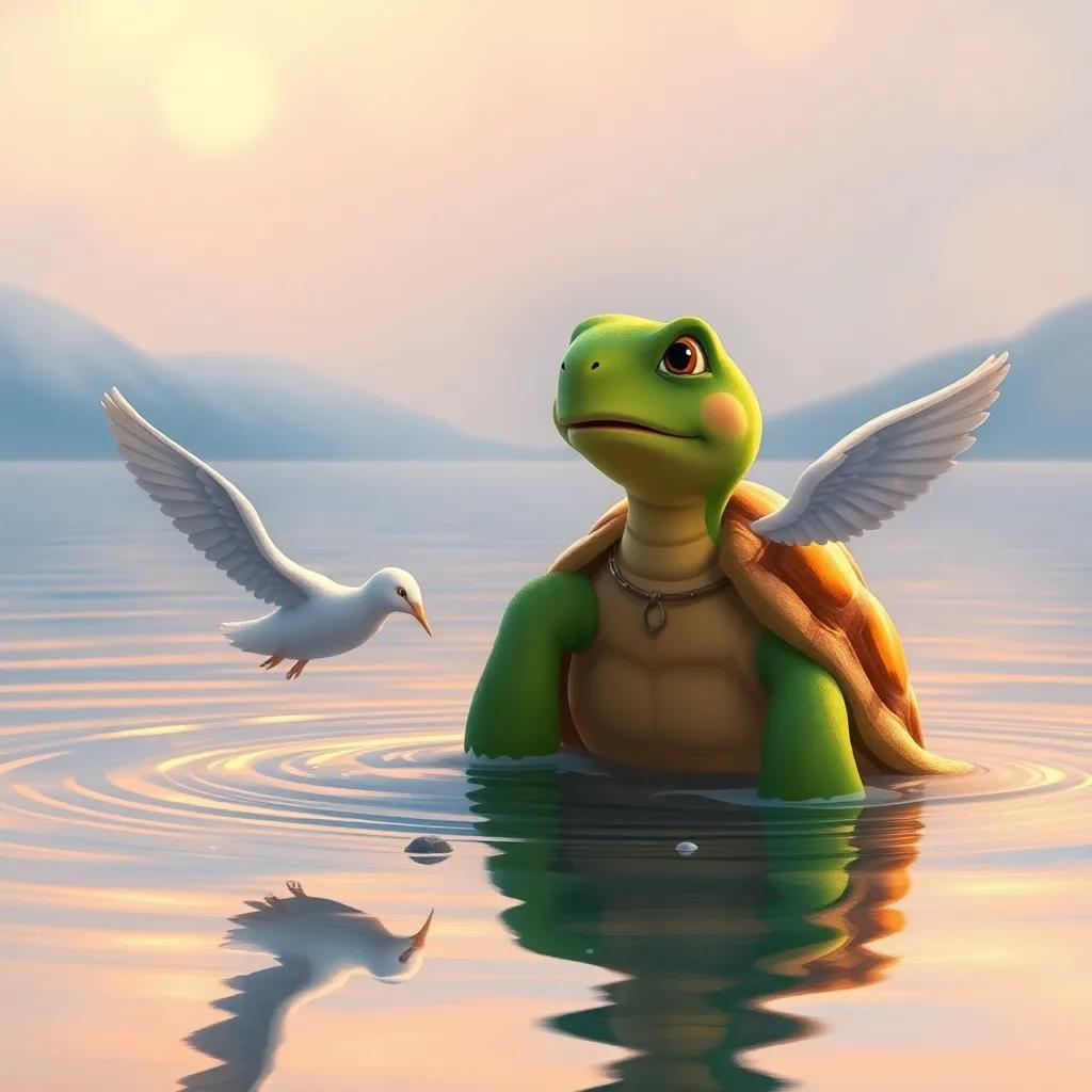 Tito, la tortuga, con su amigo el viento, ambos sonriendo y felices en el lago, digital painting, warm colors, sense of friendship