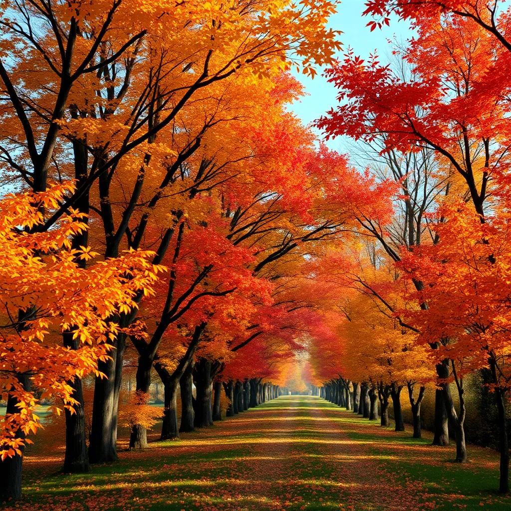 Un hermoso bosque en otoño, lleno de árboles coloridos con hojas doradas y rojas, una línea de salida en un claro con hojas emocionadas listas para la carrera, digital art, vibrantes colores, atmósfera alegre, perspectiva amplia, alta calidad