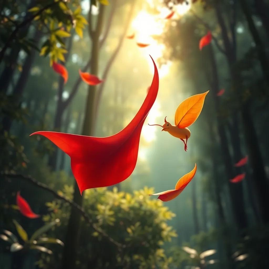 Hojas volando en el viento, una hoja de arce roja se adelanta, mientras una hoja de roble la sigue de cerca, un fondo de bosque iluminado por el sol, ilustración dinámica, colorido, emoción en el aire, alto contraste