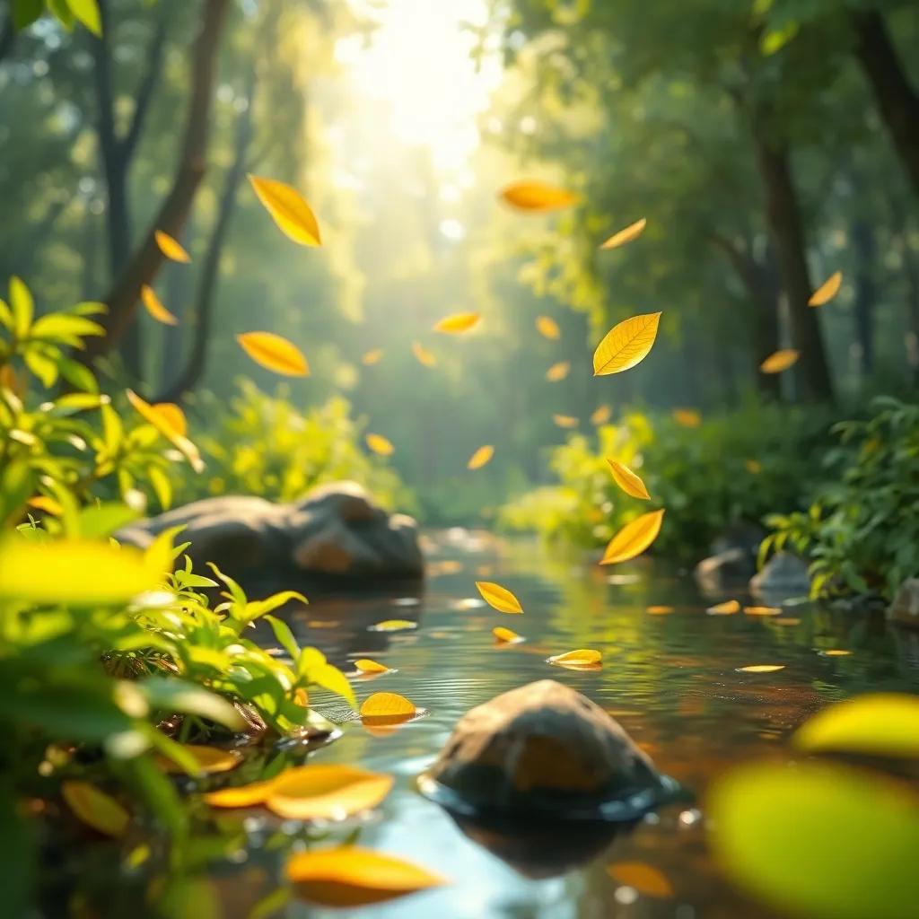 Un arroyo tranquilo en el bosque, hojas volando sobre el agua, una traviesa hoja de haya haciendo que todas salpiquen, un ambiente divertido y alegre, colores vivos, perspectiva en movimiento, arte infantil con un toque cómico