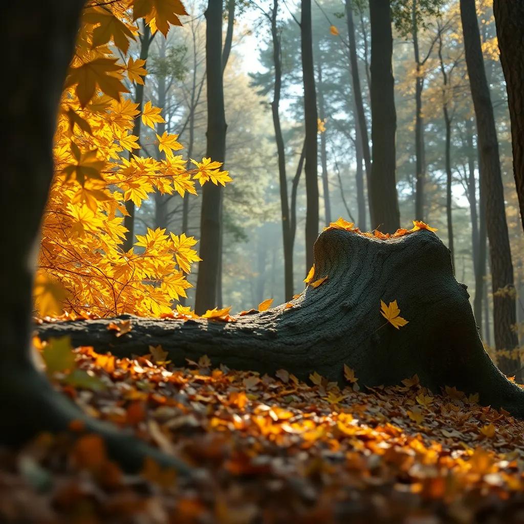 Un tronco caído en el bosque, hojas subiendo y deslizándose por él, la hoja de pino deslizándose rápido y la hoja de abeto atrapada, escena llena de camaradería, cálidos tonos de otoño, perspectiva de acción, estilo amistoso