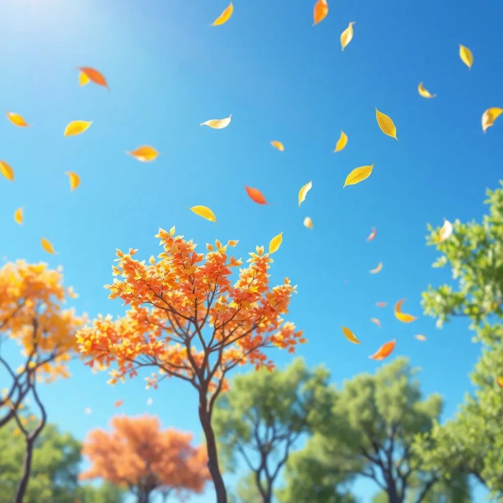 Las hojas riendo y bailando en el aire mientras son llevadas por el viento, un fondo de árboles brillantes y un cielo azul, ambiente festivo y feliz, colores saturados, visión de celebración, arte digital clásico