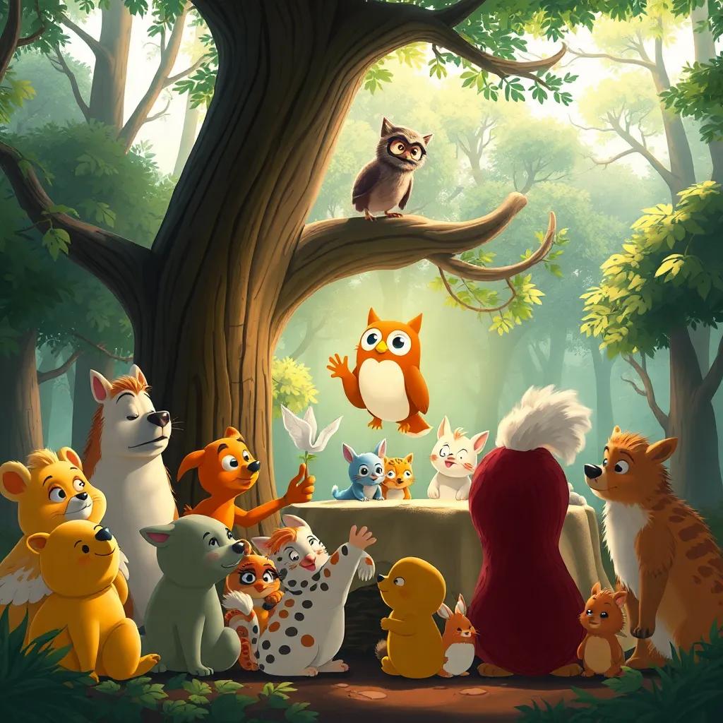 Una gran reunión de animales en el bosque, con un búho sabio en un árbol alto que actúa como juez, animalitos mirándose e insuflando alegría, estilo cartoon, luminoso, vibrante , alta calidad
