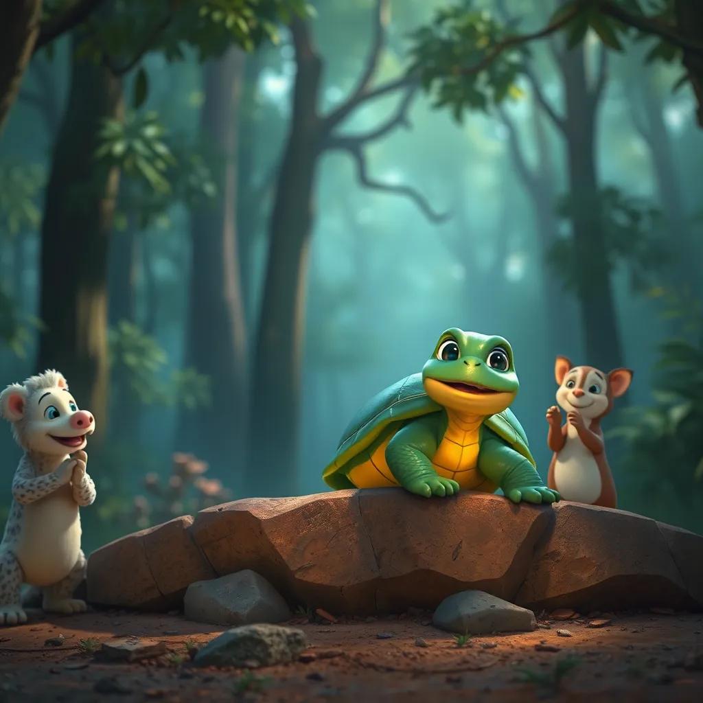 La tortuga cruzando la meta primero con una sonrisa, mientras otros animales aplauden, el bosque de fondo, lleno de alegría, escena emocional, cálida, digital painting, luminoso
