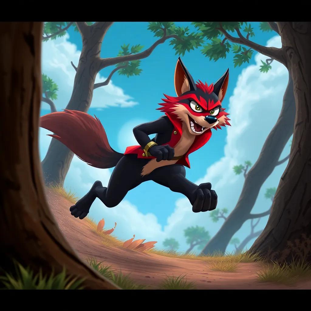 El zorro, con su pelaje rojo y cola esponjosa, corriendo con estrategia entre los troncos de los árboles, con un fondo de cielo azul y nubes, arte digital, entretenido, enfoque en la acción