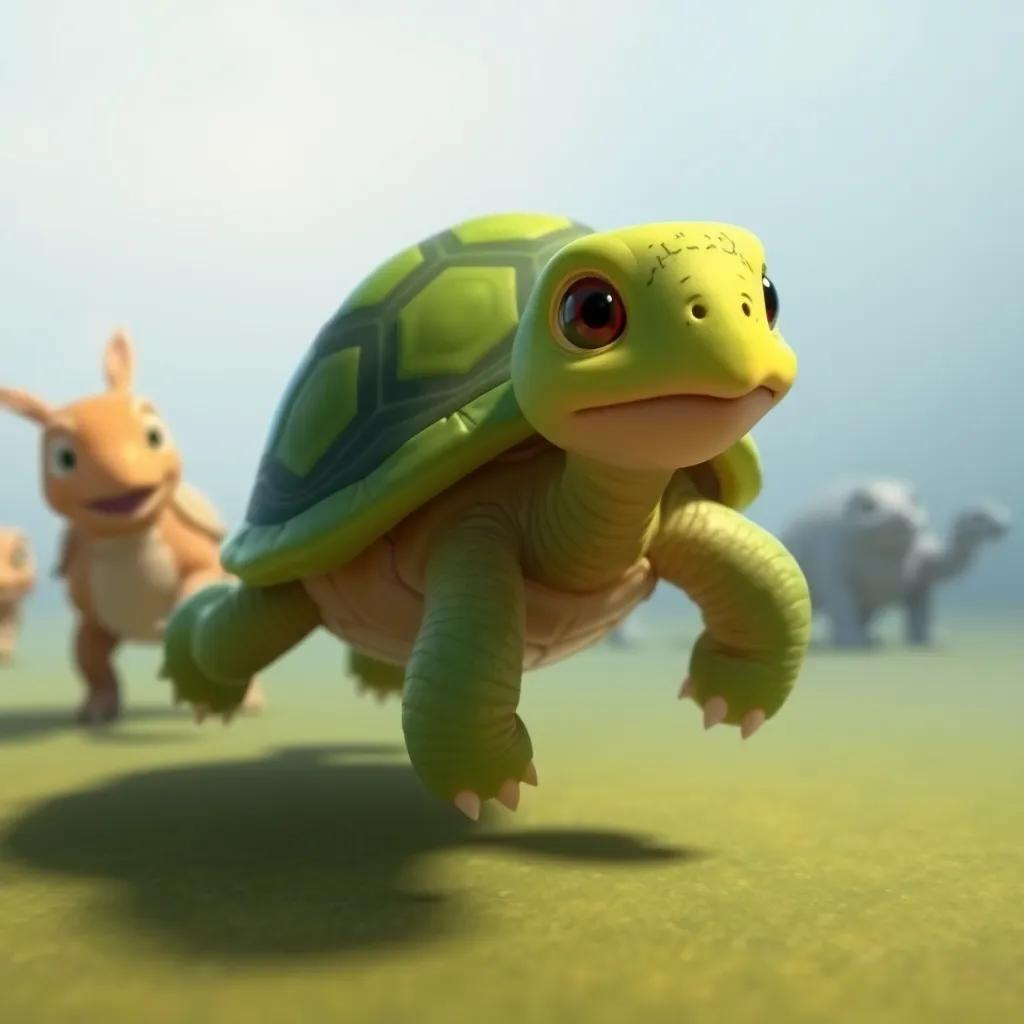 La tortuga moviéndose con determinación, con un caparazón verde y pequeño, avanzando lentamente pero con un gran esfuerzo hacia la meta, rodeada de otros animales animándola, ilustración, cálido, motivador