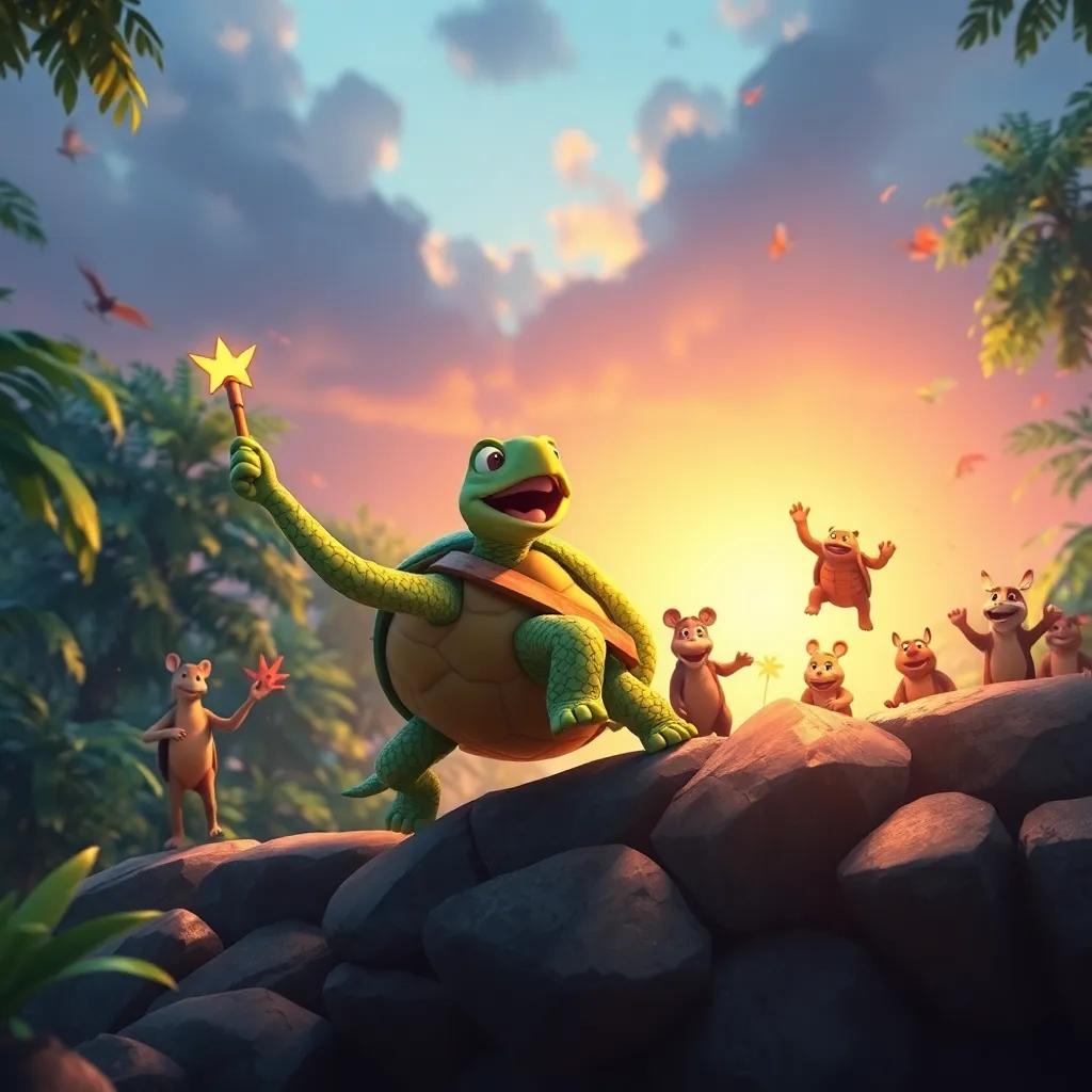 La tortuga cruzando la línea de meta, todos los animales del bosque celebrando su victoria, con confeti y alegría en el aire, enfoque en el sentimiento de logro, colores brillantes, imagen de triunfo