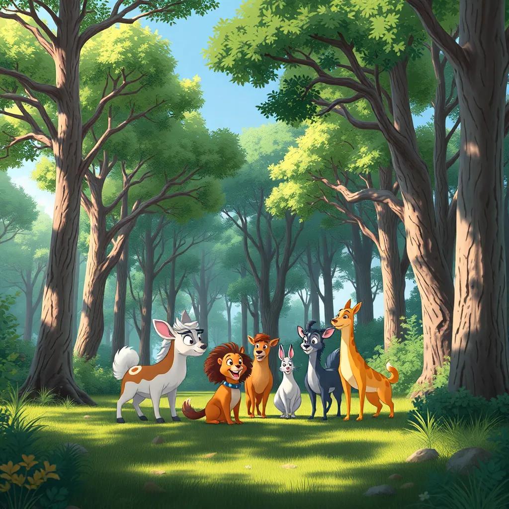 Un soleado día en un bosque, con árboles altos y verdes, los animales se reúnen en un claro, emocionados y listos para la carrera, ilustración vibrante, colores cálidos, ambiente alegre, conexión con la naturaleza, calidad alta