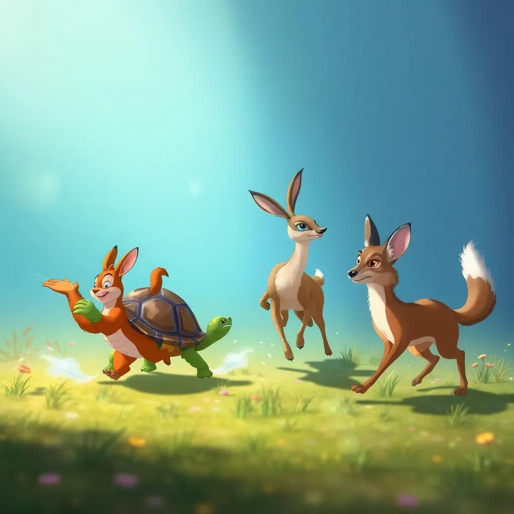 Los animales corriendo, con el conejo saltando velozmente, la tortuga avanzando lentamente, y el ciervo brincando elegantemente, el zorro mirando a su alrededor, escena dinámica, ilustración colorida, energía y movimiento, calidad alta