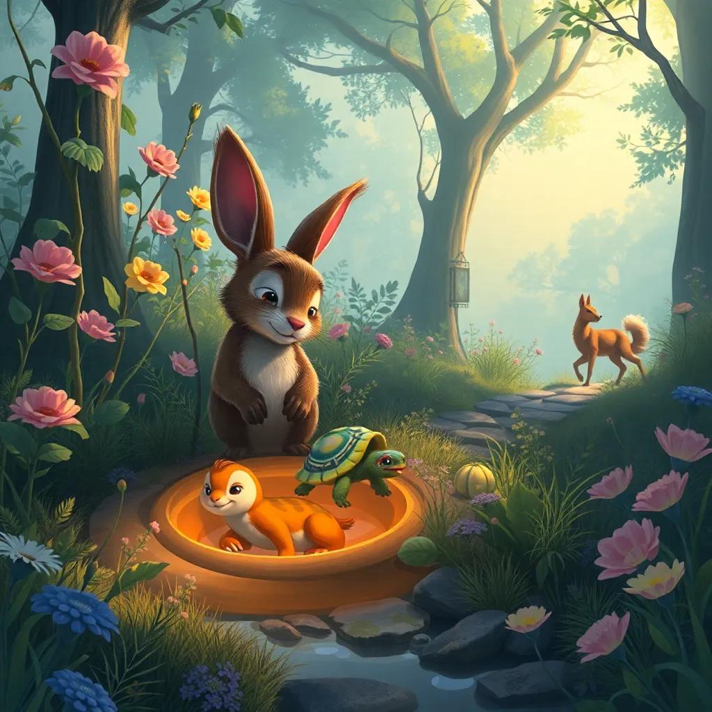 El conejo descansando en la orilla del sendero, mientras la tortuga avanza, el ciervo admirando las flores y el zorro siguiendo un sendero secreto, ambiente de reflexión, detalles vibrantes, ilustración acogedora, calidad alta