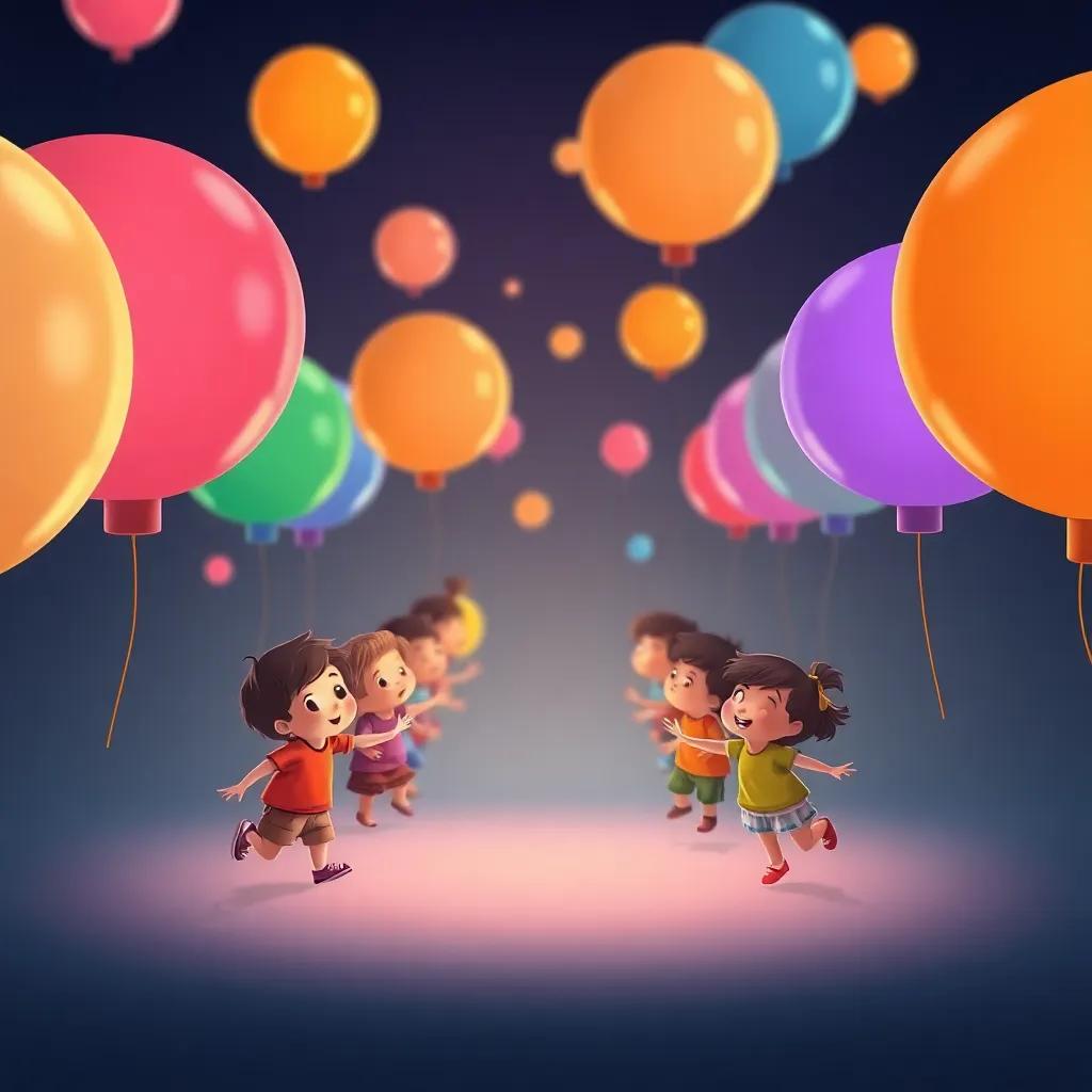 Los globos alineados en la línea de salida, niños animando y saltando de alegría, cada globo con un color diferente, una gran sonrisa, arte digital, vibrante, animado