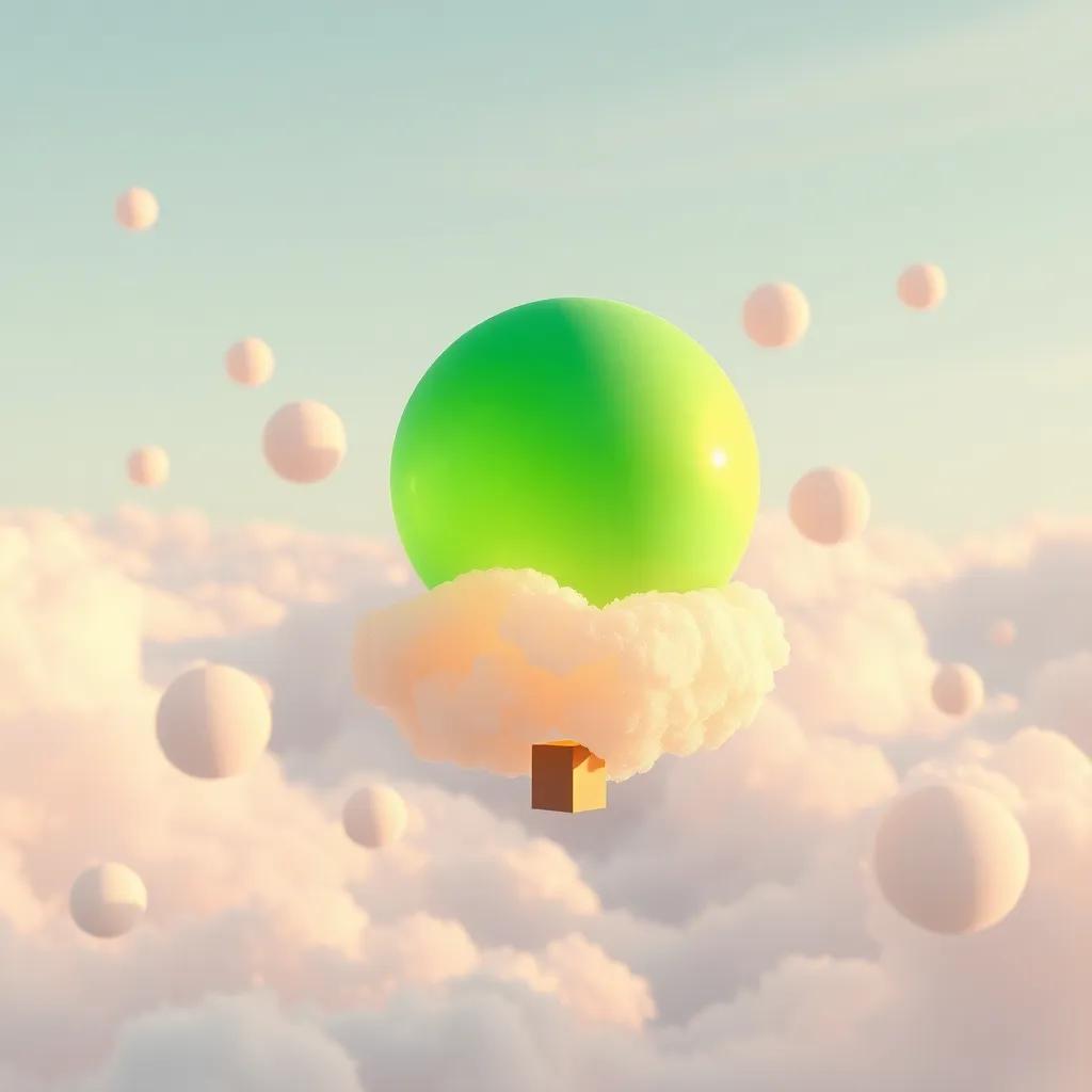 Los globos volando alrededor de una nube de algodón de azúcar, el globo verde hablando sobre seguir volando, dulce y colorido, ilustración, visualización mágica, cálida