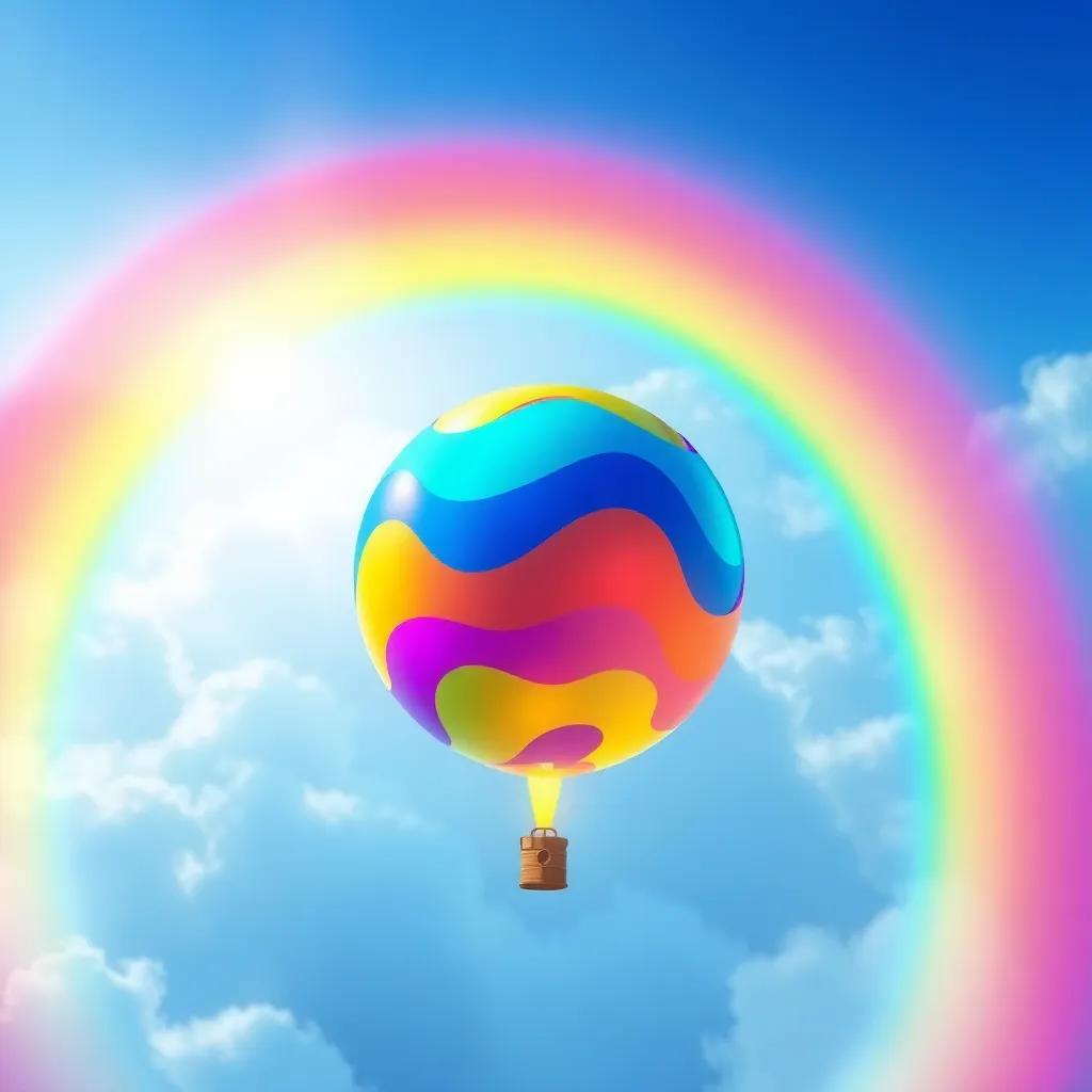 Los globos juntos volando por un arco iris, un camino dorado entre colores brillantes, el globo amarillo sugiriendo, imagen vibrante, amigable y alegre