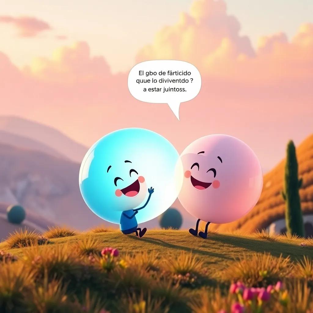 Los globos disfrutando del paisaje colorido, el globo azul hablando de lo divertido que es estar juntos, ternura y felicidad, estilo artístico, visual cálido