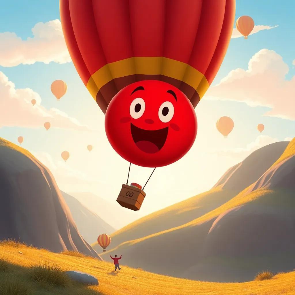 Los globos en una colina ventosa, el globo rojo exclamando para aprovechar el viento, ilustración con un movimiento orgánico, alegre