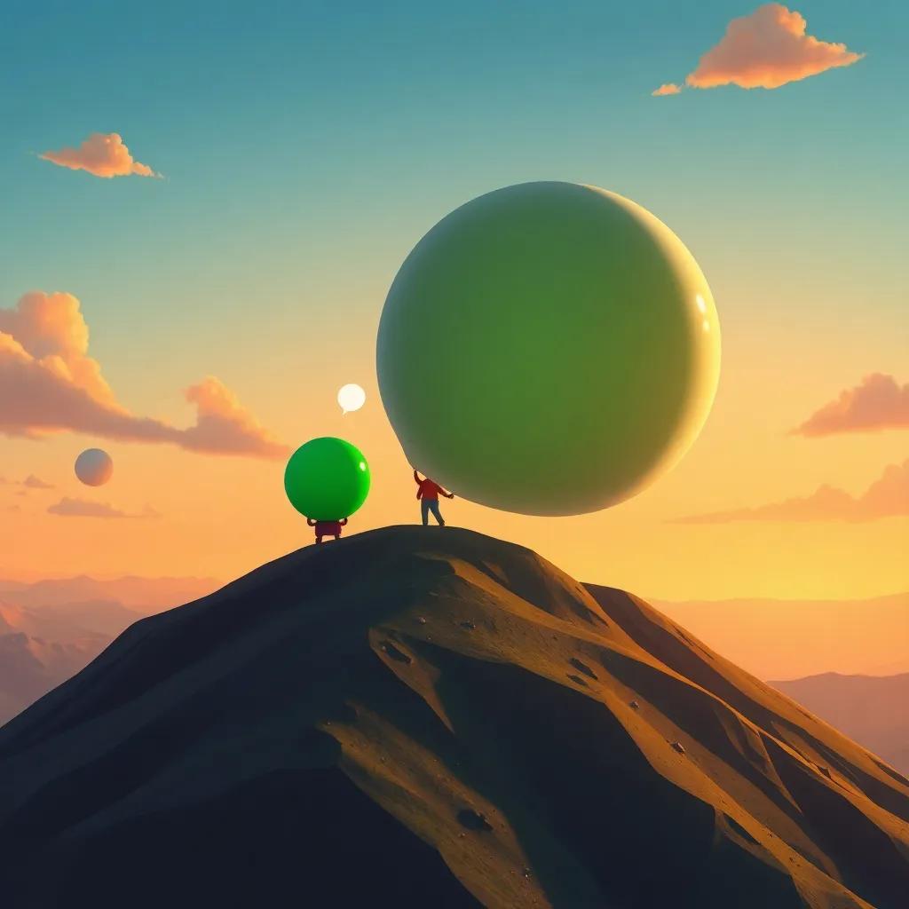 Los globos llegando a la cima de la colina, viendo la meta a lo lejos, el globo verde hablando sobre llegar juntos, ilustración mágica, feliz y optimista