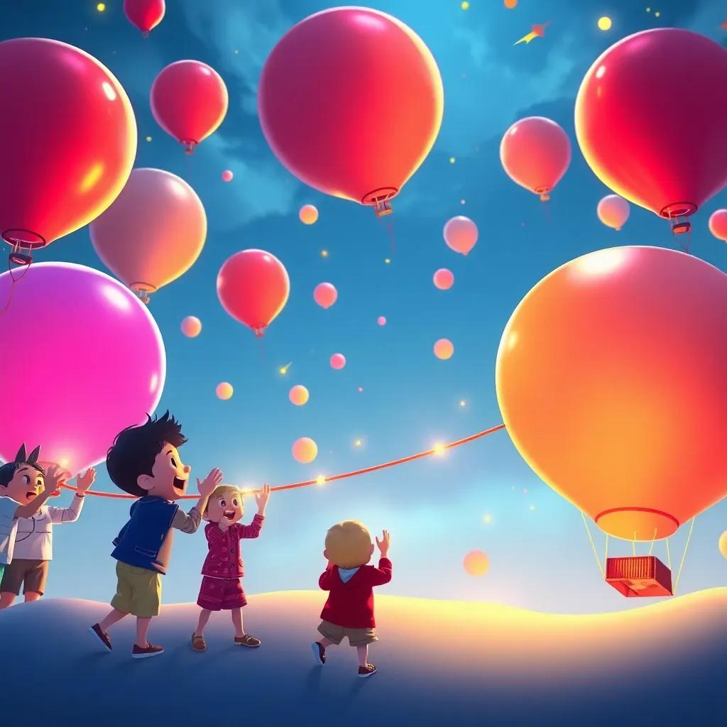 Los globos cruzando la línea de meta al mismo tiempo, con niños aplaudiendo y gritando de alegría, una escena de celebración, vibrante y colorida, arte animado