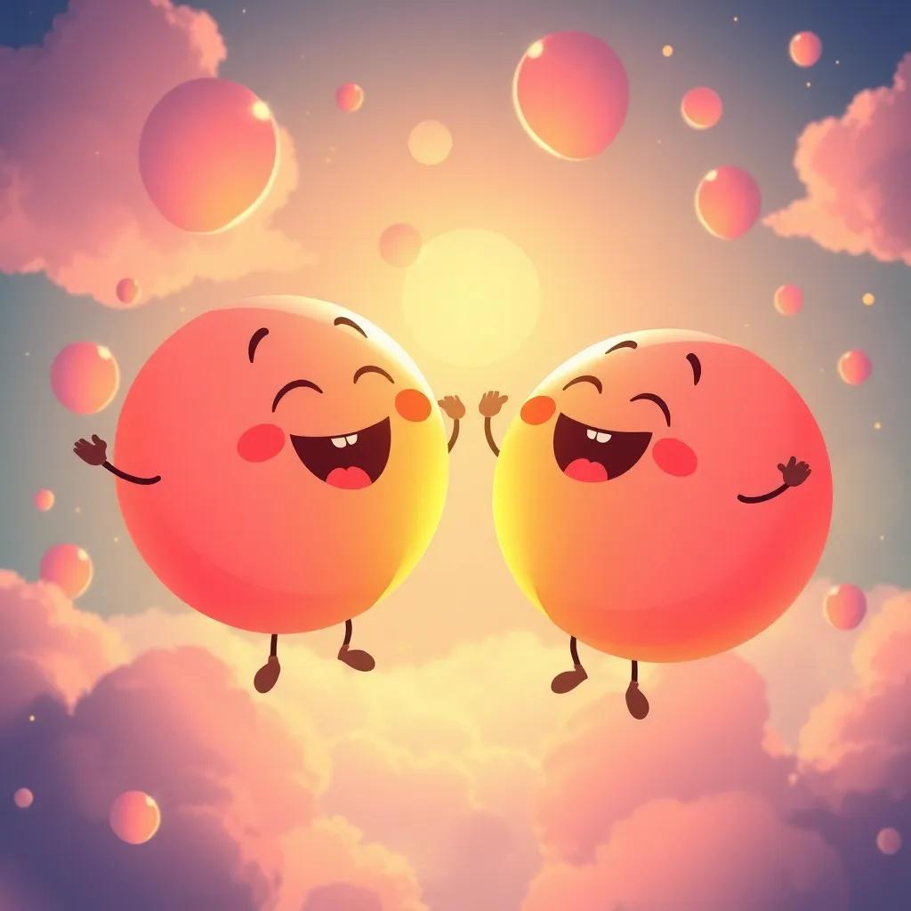 Los globos felices celebrando juntos, riendo y flotando en el cielo, ilustración mágica con colores vivos y alegría, alta calidad
