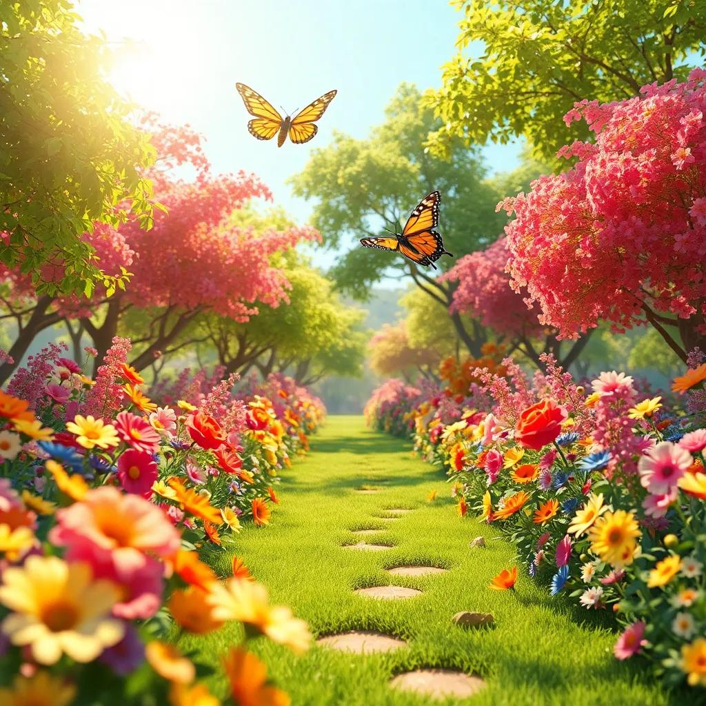 Un colorido jardín lleno de flores y árboles, con una mariposa brillante volando alto, un saltamontes y un escarabajo corriendo en el suelo, digital art, vibrante y alegre, luz del sol brillando, perspectiva amplia, alta calidad