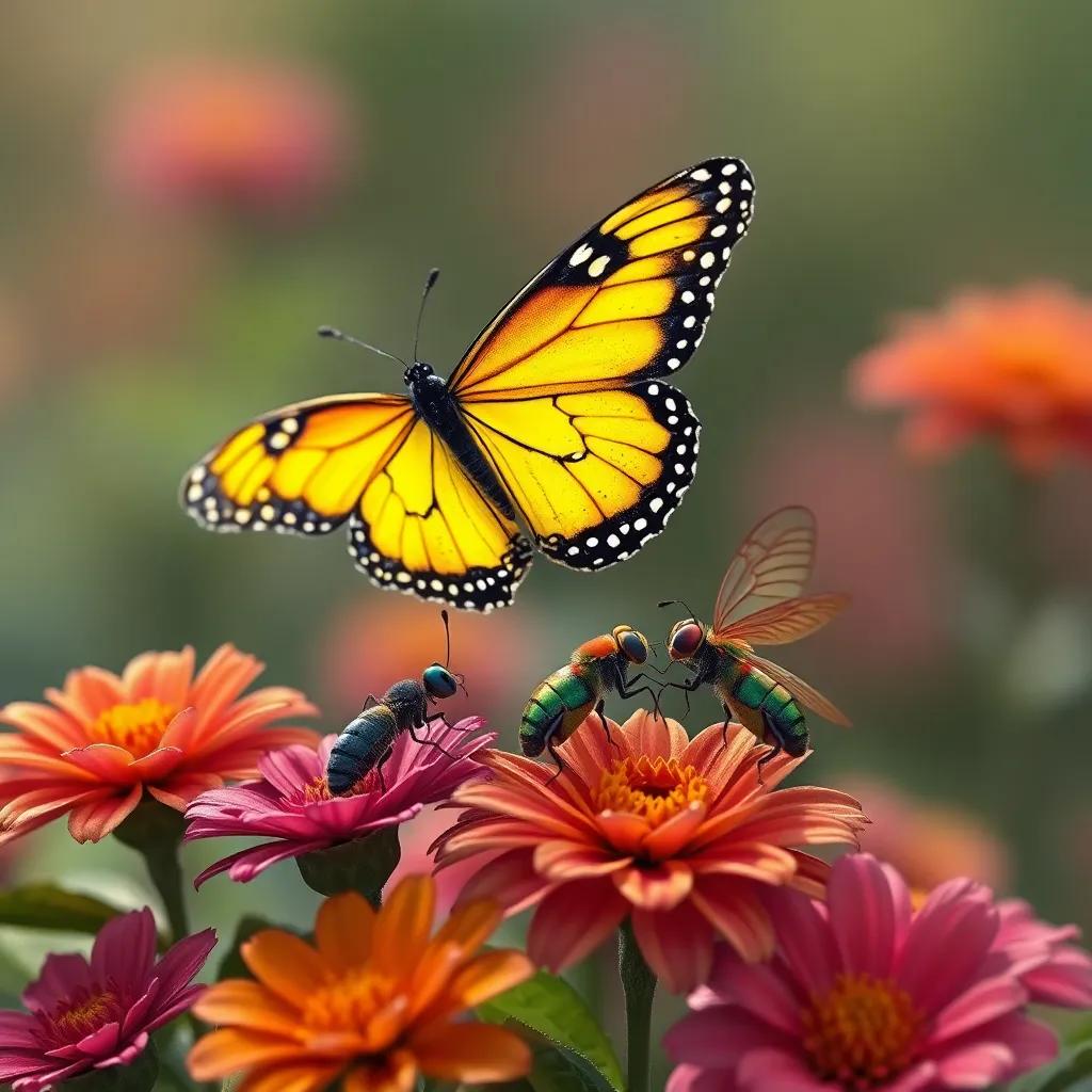 La mariposa volando sola, mirando a los dos insectos que corren juntos, rodeada de coloridas flores, digital art, detallado, atmósfera amigable, alegre, vista superior, alta calidad